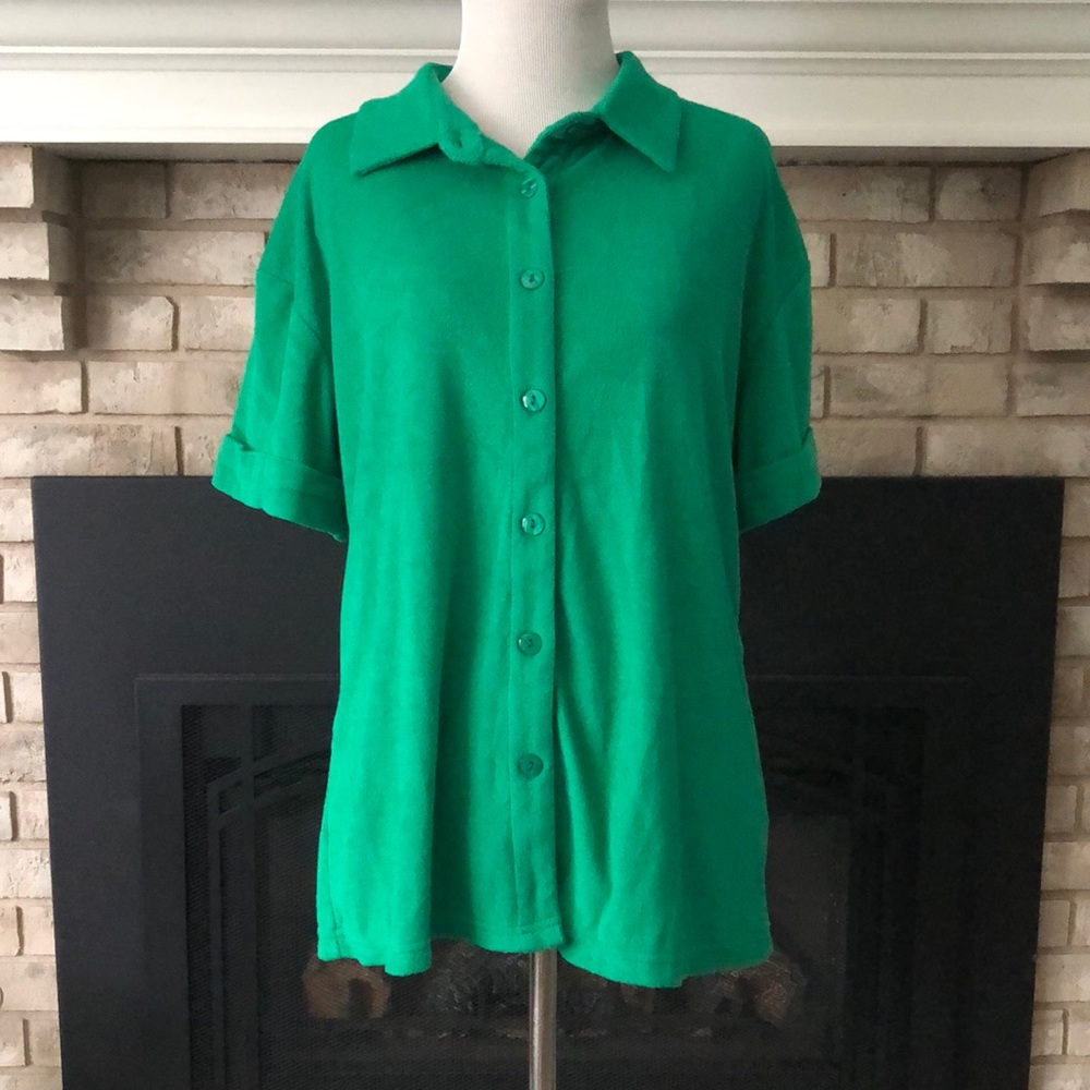 Edikted Green Terry Cloth Button Down Top size Large